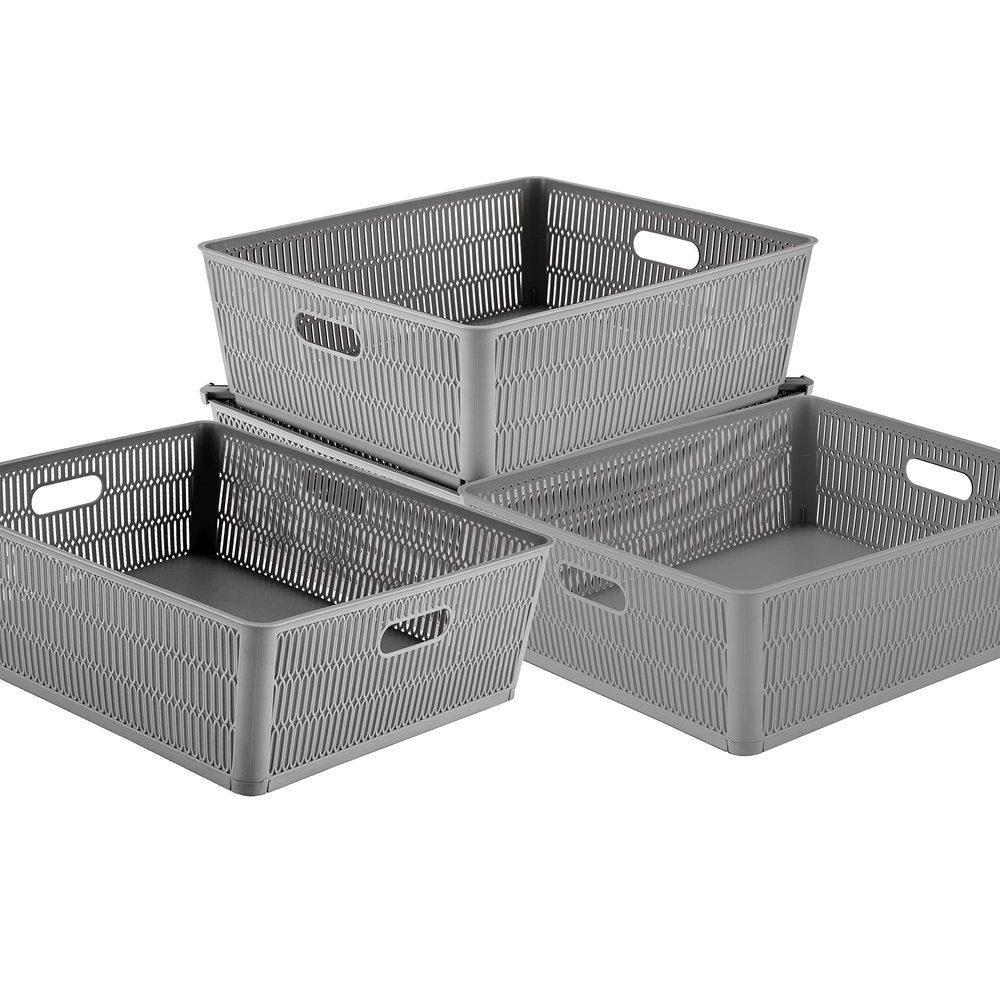 Simplify 4Pk Shallow Slide 2 Stack It Tote Basket | Storage & Organization | Open Bins with Stackable Capability | Bathroom | Crafts | Pantry | Playroom | Office | Grey (KIT-25933-GREY-4PK)