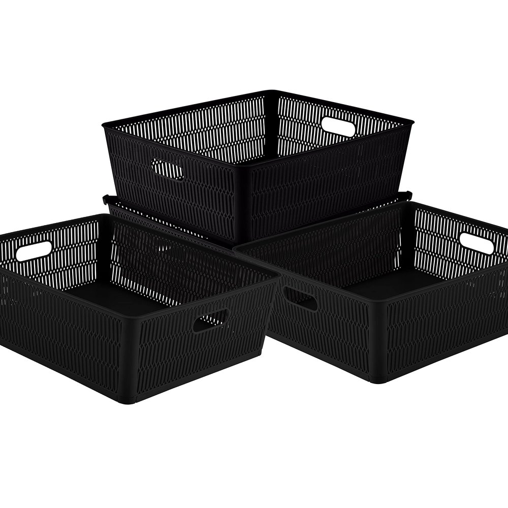 Simplify 4Pk Shallow Slide 2 Stack It Tote Basket | Storage & Organization | Open Bins with Stackable Capability | Bathroom | Crafts | Pantry | Playroom | Office | Black