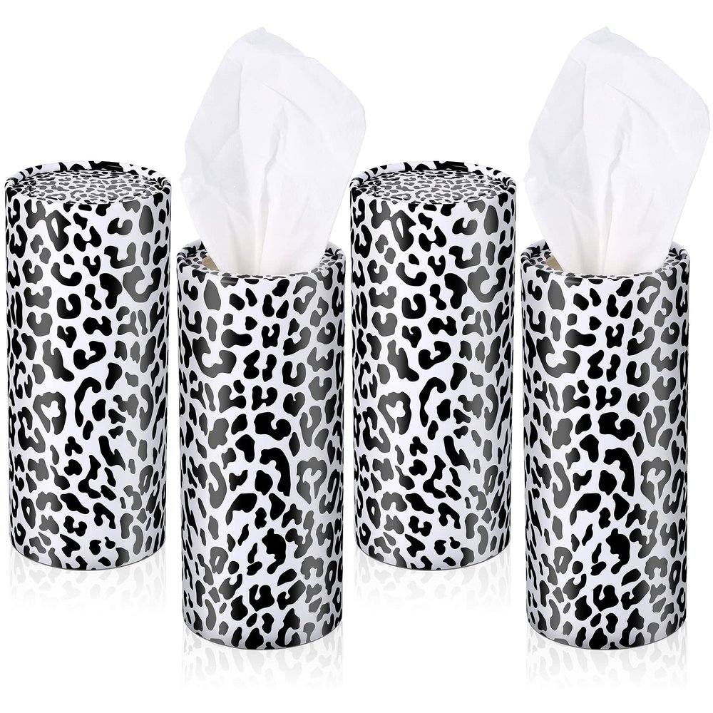 Yoande 4 Pcs Round Car Tissues Boxes with Facial Tissue Travel Cylinder Holder for Car Cup Holder Home Bathroom Office Decor Wedding Gifts(Leopard Style)