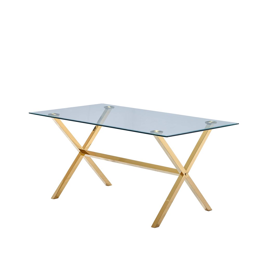 Best Master Furniture Timber 63" Contemporary Rectangular Glass Dining Table, Gold