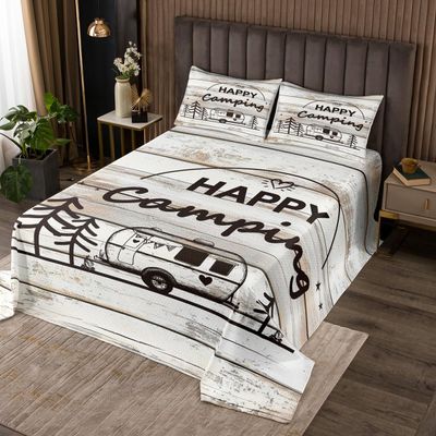 Happy Camping Bedspread Set Queen Size for Kids,Boys Girls White Wood Panels Quilt Set Country Style Bedspread Coverlet Camper Bedspread 3 Piece Decorative Bedding Quilted with 2 Pillow Shams