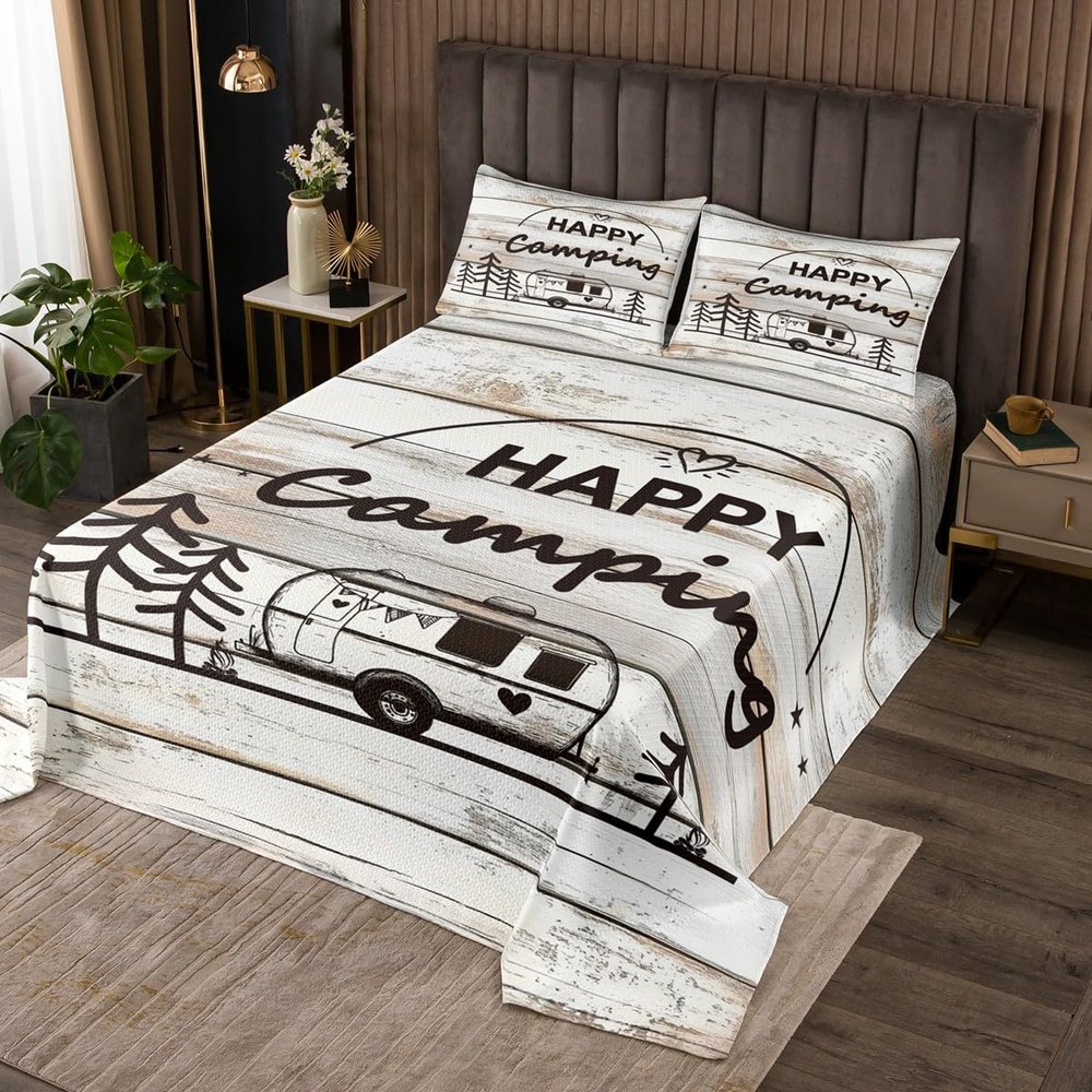 Happy Camping Bedspread Set Queen Size for Kids,Boys Girls White Wood Panels Quilt Set Country Style Bedspread Coverlet Camper Bedspread 3 Piece Decorative Bedding Quilted with 2 Pillow Shams