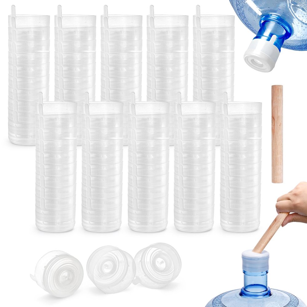 Jucoan 100 Pack 3 and 5 Gallon Water Bottles Caps, Reusable Water Jug Replacement Cap Non Spill Snap on Cap for 55mm Water Bottles, with Wooden Opener Stick, Easy to Replace