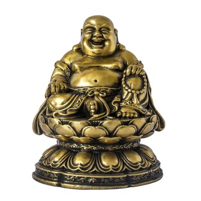 Addune Fengshui Maitreya Happy Laughing Buddha Sitting on Lotus Flower Statue Brass Lucky Figures Bless Safe Home Art Decor