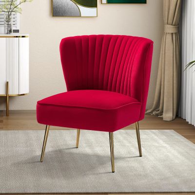 Tina's Home Velvet Armless Accent Chair, Upholstered Modern Small Side Chair with Golden Legs, Comfy Cute Wingback Slipper Chair for Living Room, Study, Beauty Room, Thickly Padded(RED)