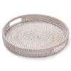 11.8 inch Round Rattan Tray, Decorative Coffee Table Trays, Ottoman Tray, Woven Serving Tray with Handles, Wicker Serving Basket, Whitewash view 1