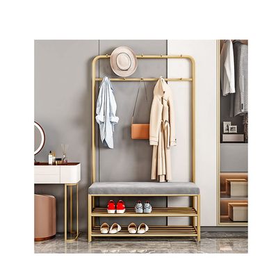 LHHL Coat Rack Shoe Bench Iron Wrought Hall Tree with 2 Storage Shelf Entryway Coat Stand with Hooks Clothing Store Home Bedroom Drying Rack (Color : Gold, Size : 120x32x175cm)