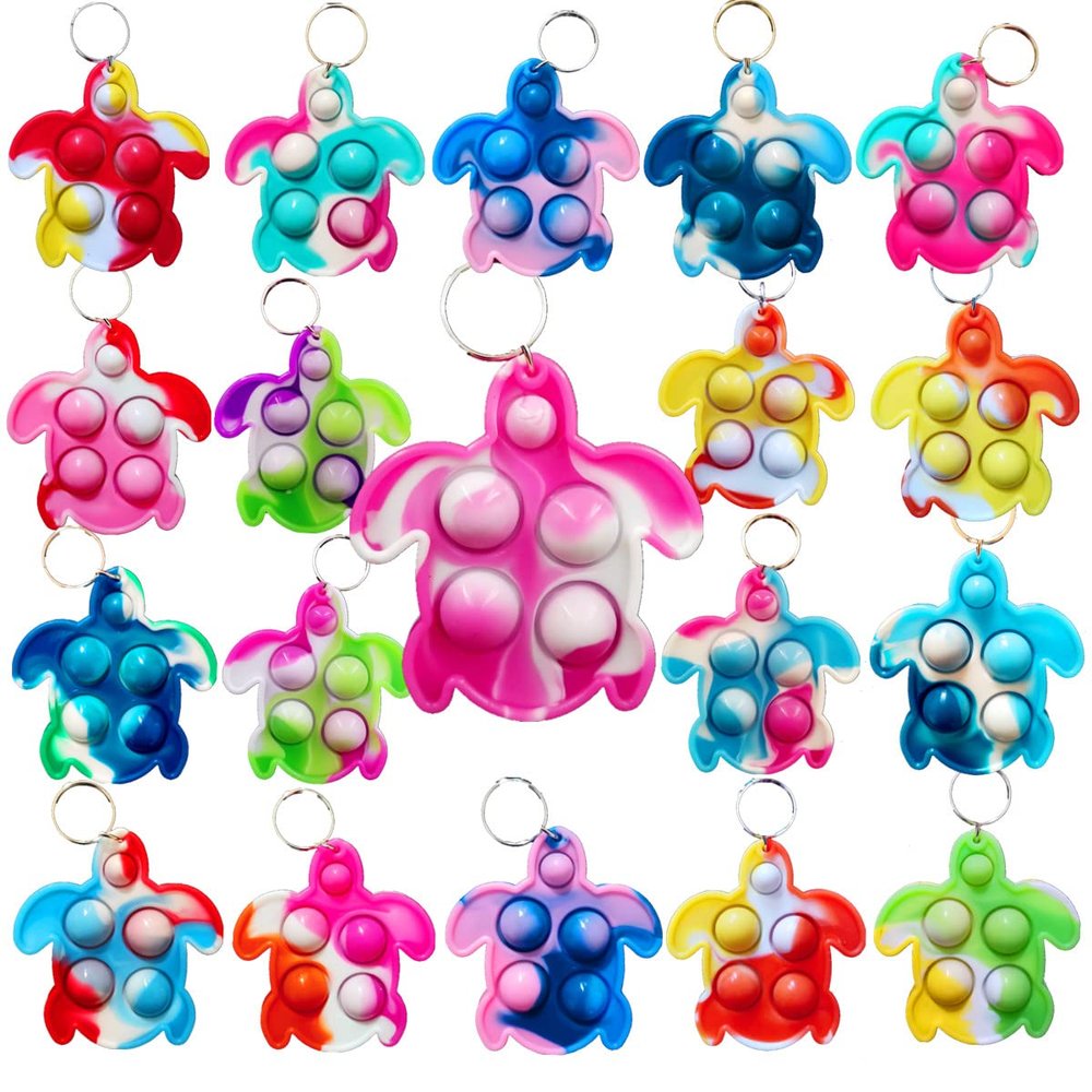 Roaqua 20 Packs Bulk Funny Turtle Mini Pop Rainbow Keychain Kids Children Classroom summer Students Gifts from Teacher Birthday Party Favors