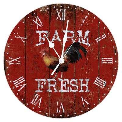 Farm Fresh Rooster Wine Red Board Wood Wall Clock Chicken Farm Aanimal Clock Silent Non Ticking Battery Operated Wooden Wall Clocks 15inch Tuscan Country Style Wall Clock for Home Office School