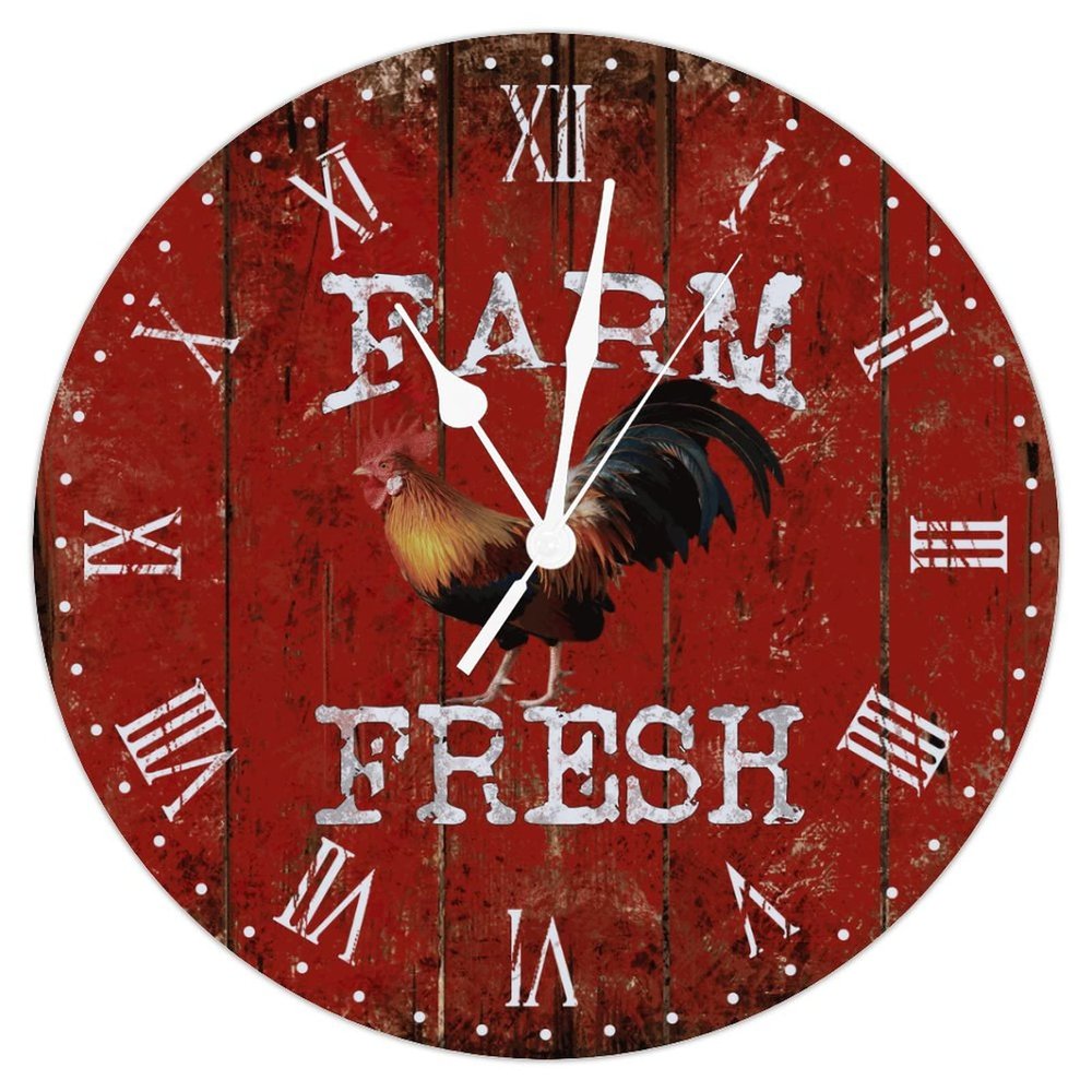 Farm Fresh Rooster Wine Red Board Wood Wall Clock Chicken Farm Aanimal Clock Silent Non Ticking Battery Operated Wooden Wall Clocks 15inch Tuscan Country Style Wall Clock for Home Office School
