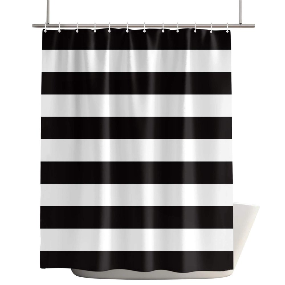 IDOWMAT Shower Curtain Waterproof Polyester Fabric Shower Curtain Set with Hooks, Simple Black and White Stripes Privacy Shower Curtains for Bathroom Showers, Stalls and Bathtubs, 72x72 Inches
