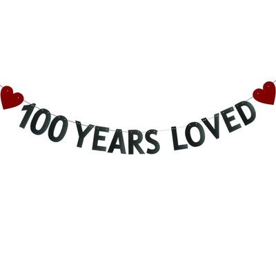 100 YEARS LOVED BannerPre-strung100th Birthday/Wedding Anniversary Party Decorations SuppliesBlack Glitter Paper Garlands Backdrops, Letters Black Betteryanzi