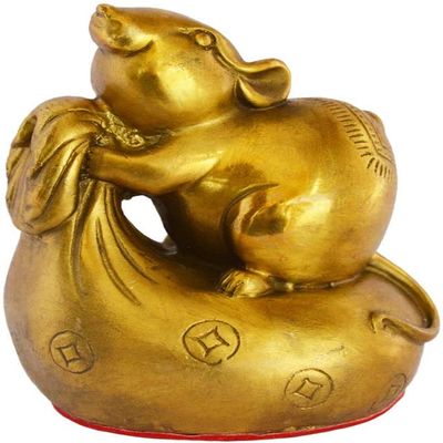 Addune Feng Shui Year of The Rat Statue on Gold Bag Mouse Figurine Brass Chinese Zodiac Decor Home Office Desk Gifts Luck Wealth