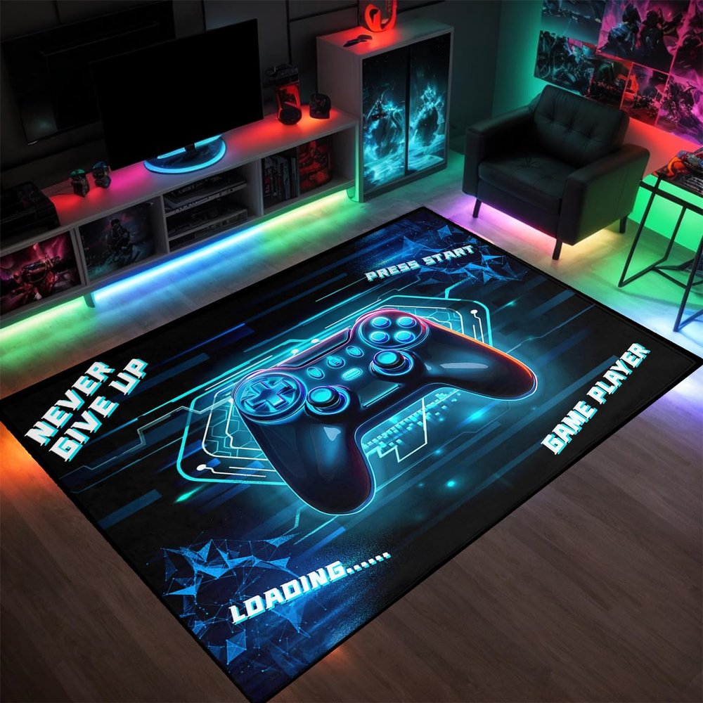 ANGELWARDROBE Gamer Large Area Rug for Kids Room 3D Gamepad Controller Blue Boys Floor Rugs for Living Room Teen Game Player Living Room Mat Home Decor Sofa Floor Polyester Mat, 60"x48"