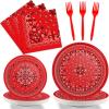 96 Pcs Red Bandana Western Party Plates Napkins Tableware Set Paisley Cowboy Cowgirl Farm Themed Supplies Disposable Dinnerware Western Decoration Favors for Kids Baby Shower Birthday, 24 Guests view 1