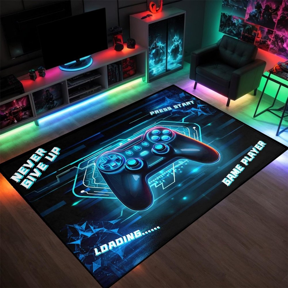 ANGELWARDROBE Gamer Large Area Rug for Kids Room 3D Gamepad Controller Blue Boys Floor Rugs for Living Room Teen Game Player Mat Home Decor Sofa Floor Polyester Mat, 59"x39"
