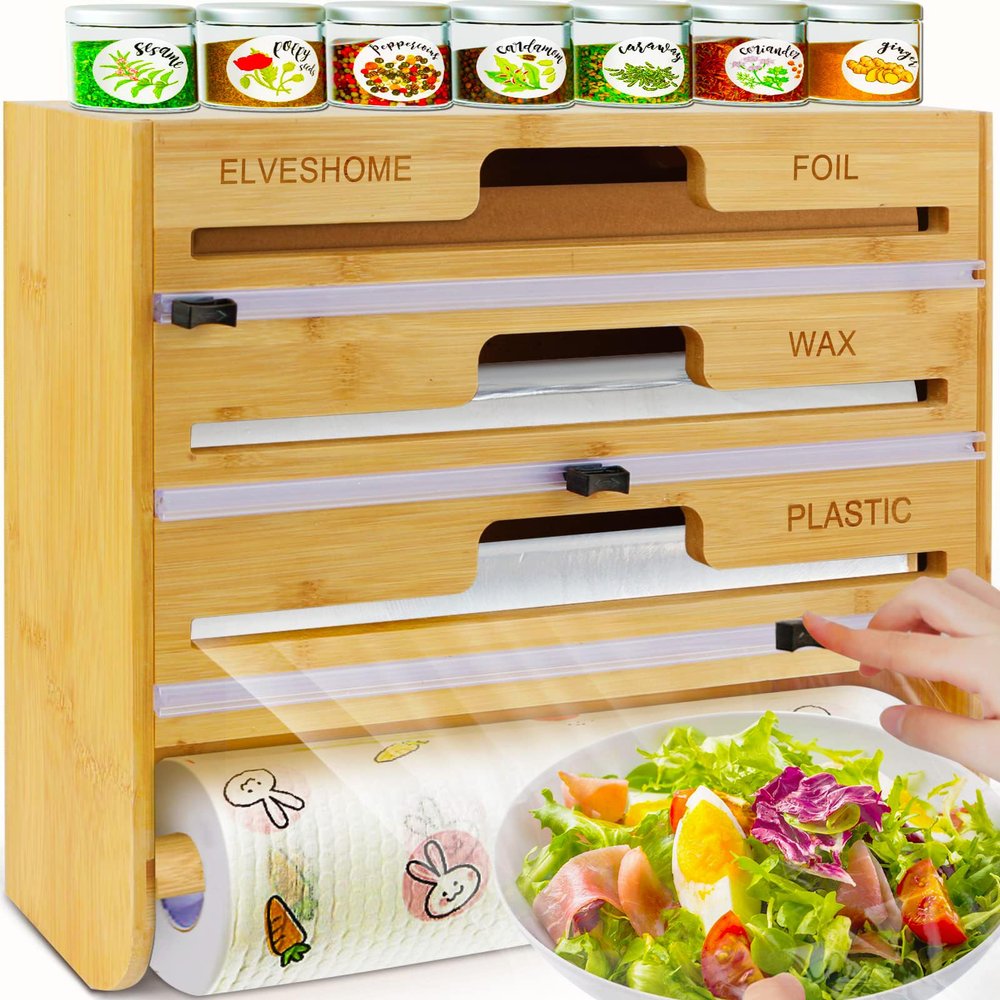 5 in 1 Foil and Plastic Wrap Organizer with Cutter, Plastic Wrap Food Dispenser with Paper Towel Holder for 12 inch Roll Wax Paper Parchment, Wall Mount Aluminum Foil Dispenser for Kitchen Storage