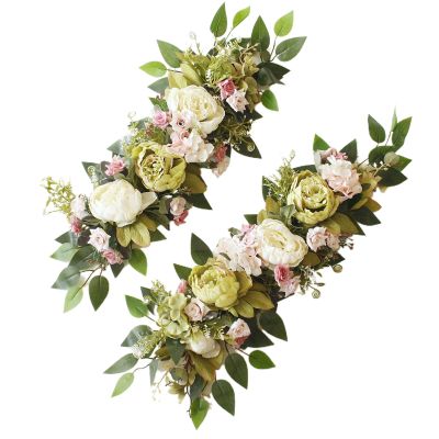 2PCS Wedding Arch Flowers, Artificial Peony Flower Swag with Green Leaves, Floral Arrangement for Sweetheart Table Centerpieces Ceremony Reception Backdrop Decor (Green) 25.6x11.8''/65x30cm