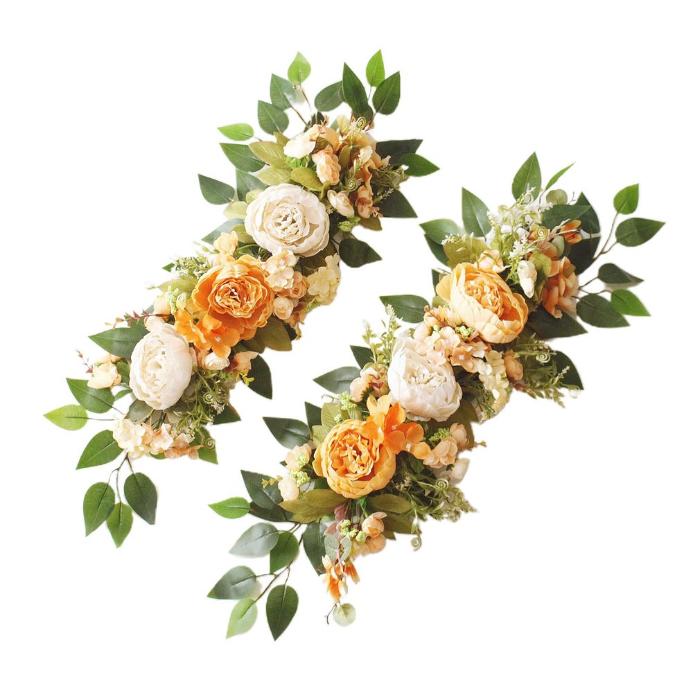 2PCS Wedding Arch Flowers, Artificial Peony Flower Swag with Green Leaves, Floral Arrangement for Sweetheart Table Centerpieces Ceremony Reception Backdrop Decor (Orange)
