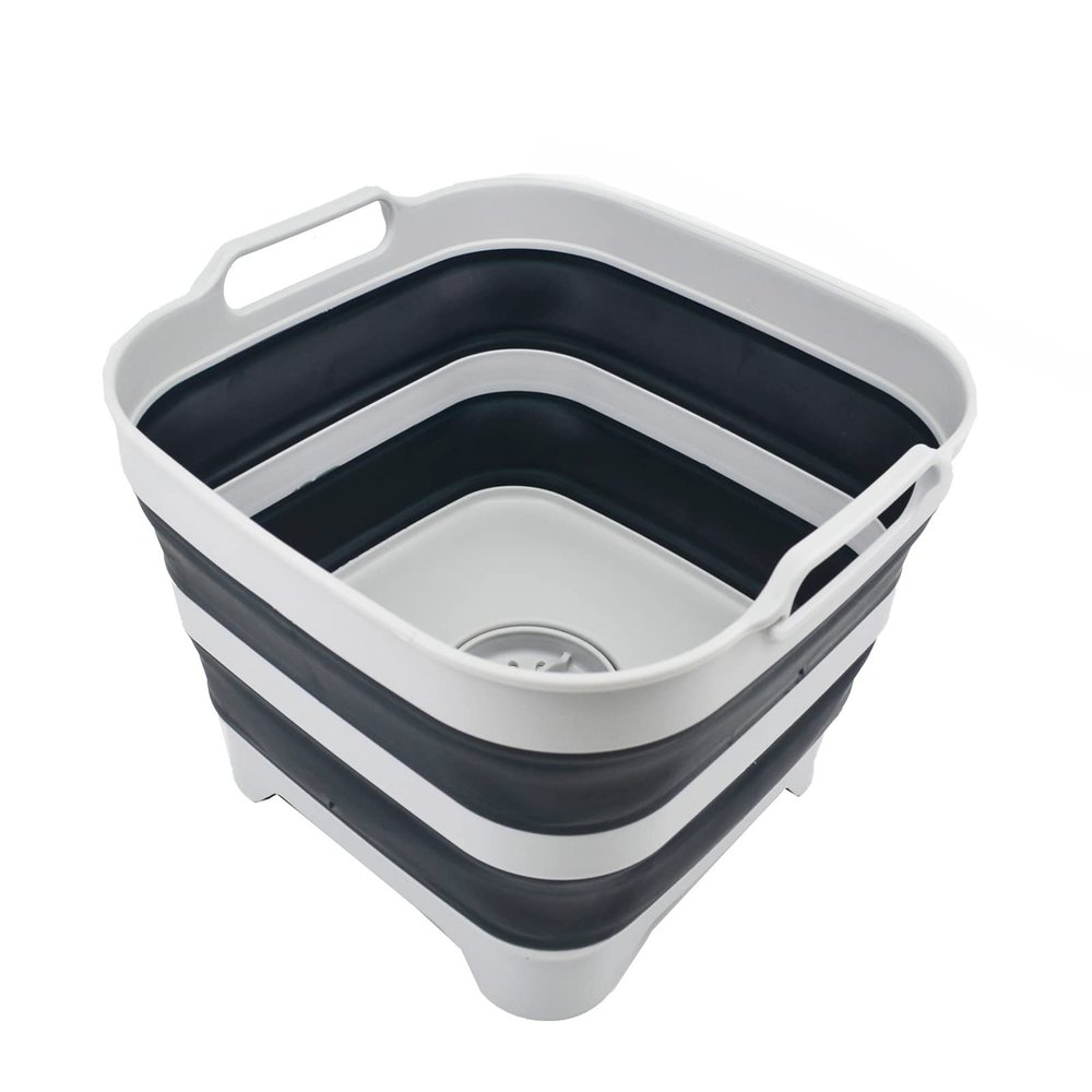 SAMMART 10L (2.64 Gallon) Collapsible Dishpan with Draining Plug - Foldable Washing Basin - Portable Dish Washing Tub - Space Saving Kitchen Storage Tray (Grey/Slate Grey)