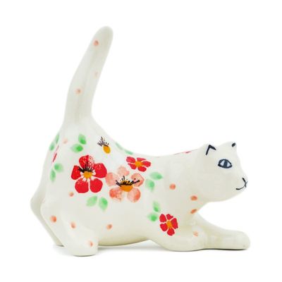 Polmedia Polish Pottery Cat Figurine UNIKAT - Pink Divinity Pattern Handmade in Boleslawiec Poland by Ceramika Artystyczna + Certificate of Authenticity