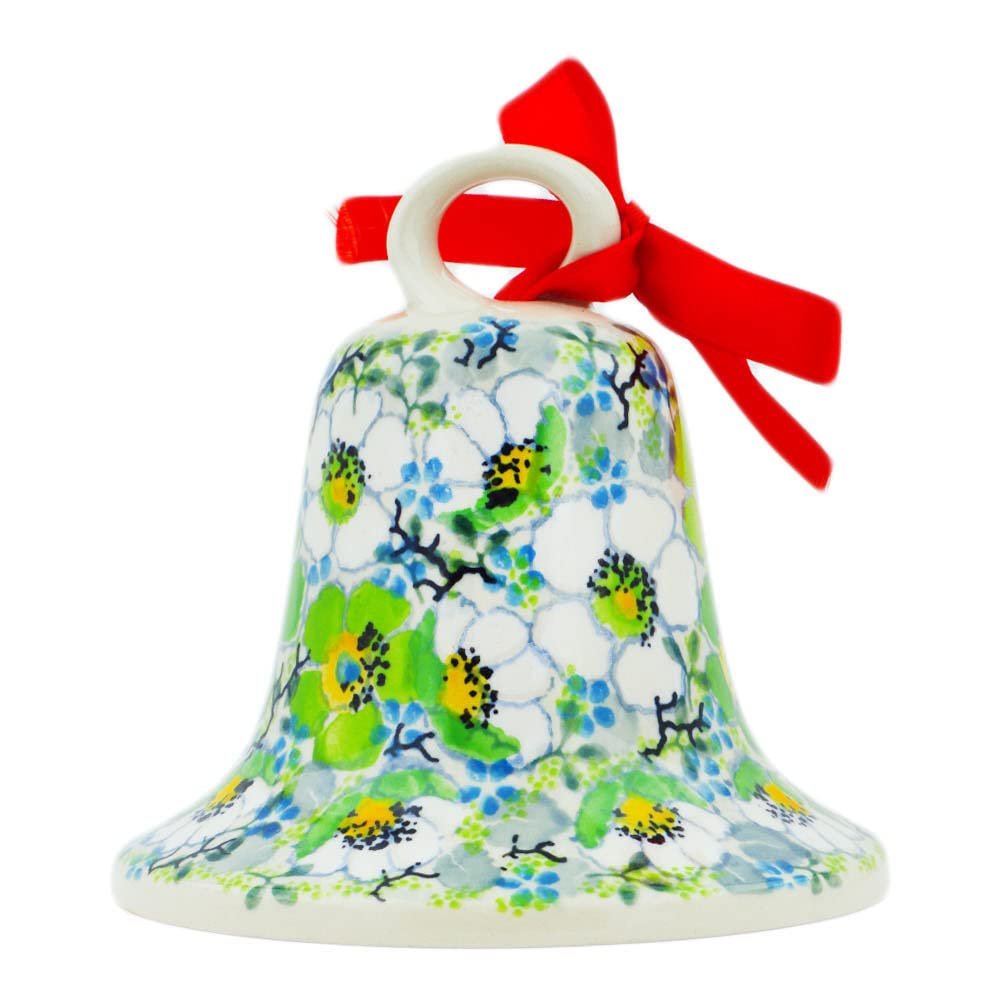Polmedia Polish Pottery Bell Ornament UNIKAT - Spearmint Fresh Pattern Handmade in Boleslawiec Poland by Ceramika Artystyczna + Certificate of Authenticity