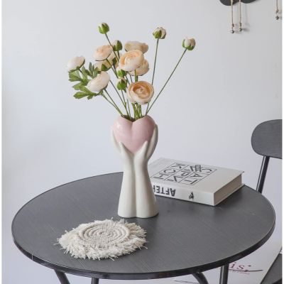Creative Hand Holding Heart Vase,9'' H White Ceramic Vase,Modern Art Body Vase,Flower Vase for Wedding Home Decor,Shelf Decor Accents,Farmhouse Table Decor (Pink Heart)