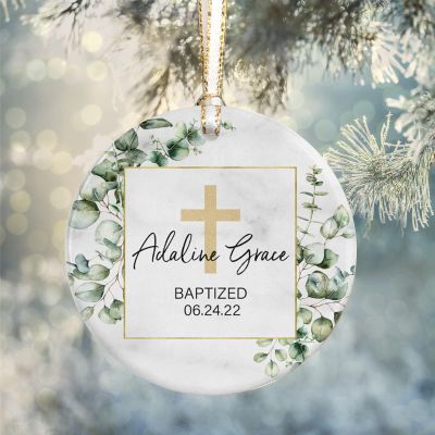 CHOPIE God Bless Baptized Ornament, Personalized Baptism Ornament, Custom Name/Date Christened Keepsake, Greenery Christening Ceramic Ornament
