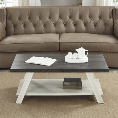 Roundhill Furniture Athens Contemporary Wood Shelf Coffee Table, Weathered Charcoal and Beige