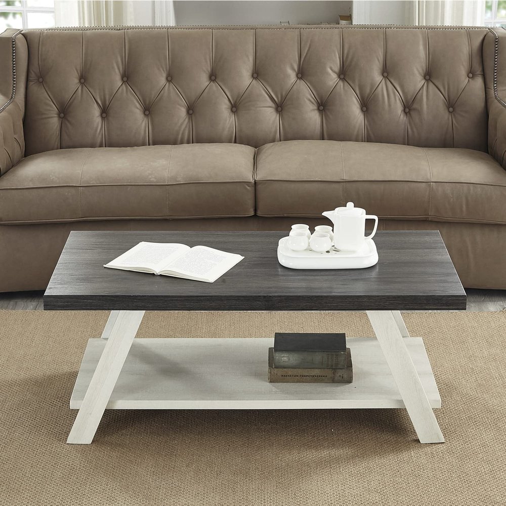 Roundhill Furniture Athens Contemporary Wood Shelf Coffee Table, Weathered Charcoal and Beige