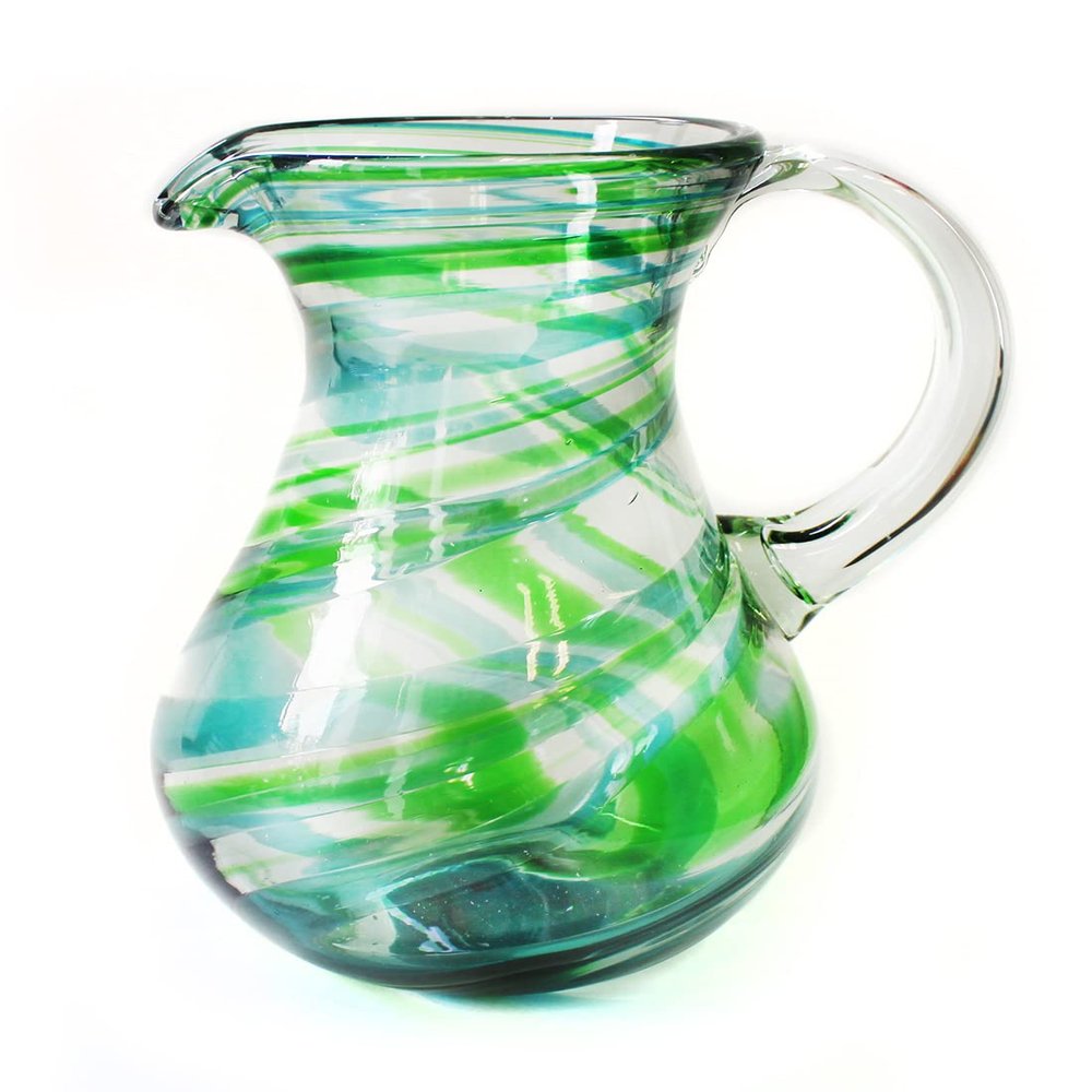 10" Glass pitcher made in Mexico - Green and Aqua swirl