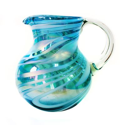 10" Glass Bola pitcher, handmade in Mexico - Aqua swirl