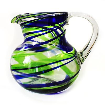 10" Glass Bola pitcher, Handmade in Mexico, Blue and Green swirl