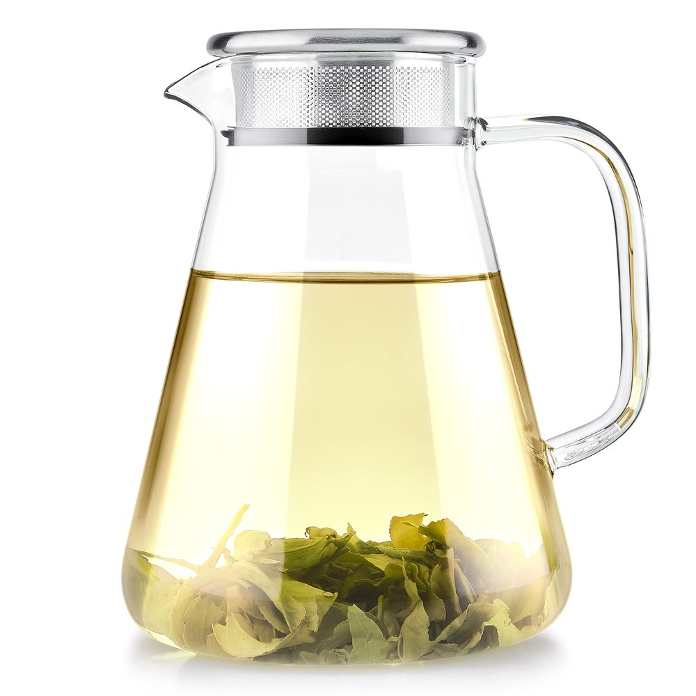 Teabloom One-Touch Tea Maker, 2-in-1 Teapot and Kettle with Stainless Steel Filter Lid for Loose Tea Stain-free Borosilicate Glass Teapot (40 Oz) Tea Connoisseur's Choice