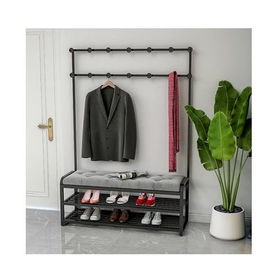 LHHL Coat Rack Shoe Bench 3 in 1 Design Freestanding Hall Tree for Entryway Storage Organizer Hanger Hooks 2 Shoe Shelf for Clothing Store Home Bedroom (Color : Black+Grey, Size : 140x35x175cm)