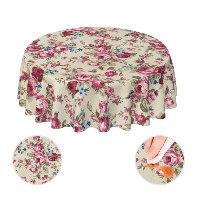 YETTA YANG Shabby Chic Rose Flower Floral Waterproof Picnic Patio Party Round Table Cloth Cover Decorations Fabric 60 Inch Circular Tablecloth for 20-47 Inch Home Dining Room Kitchen Decor