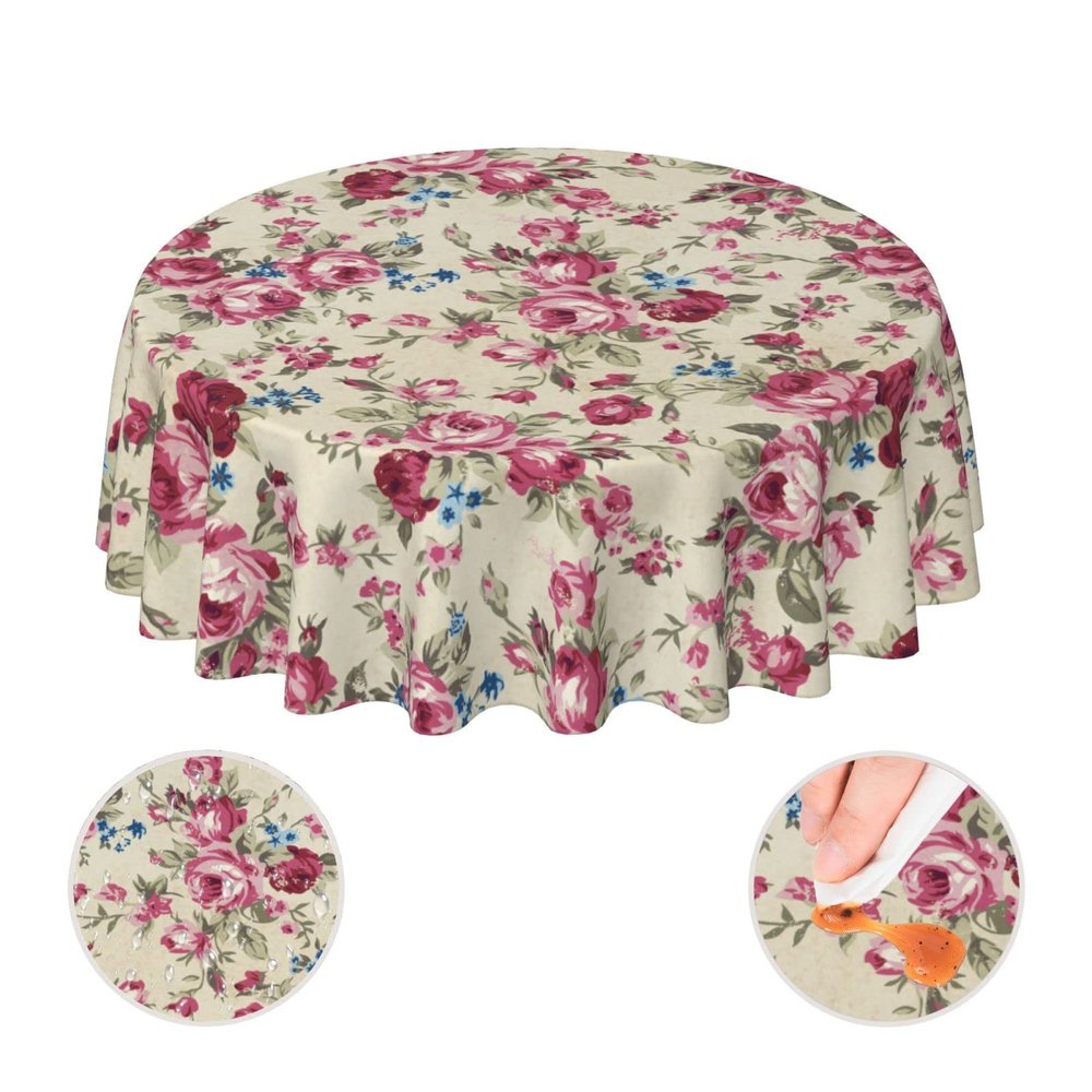 YETTA YANG Shabby Chic Rose Flower Floral Waterproof Picnic Patio Party Round Table Cloth Cover Decorations Fabric 60 Inch Circular Tablecloth for 20-47 Inch Home Dining Room Kitchen Decor