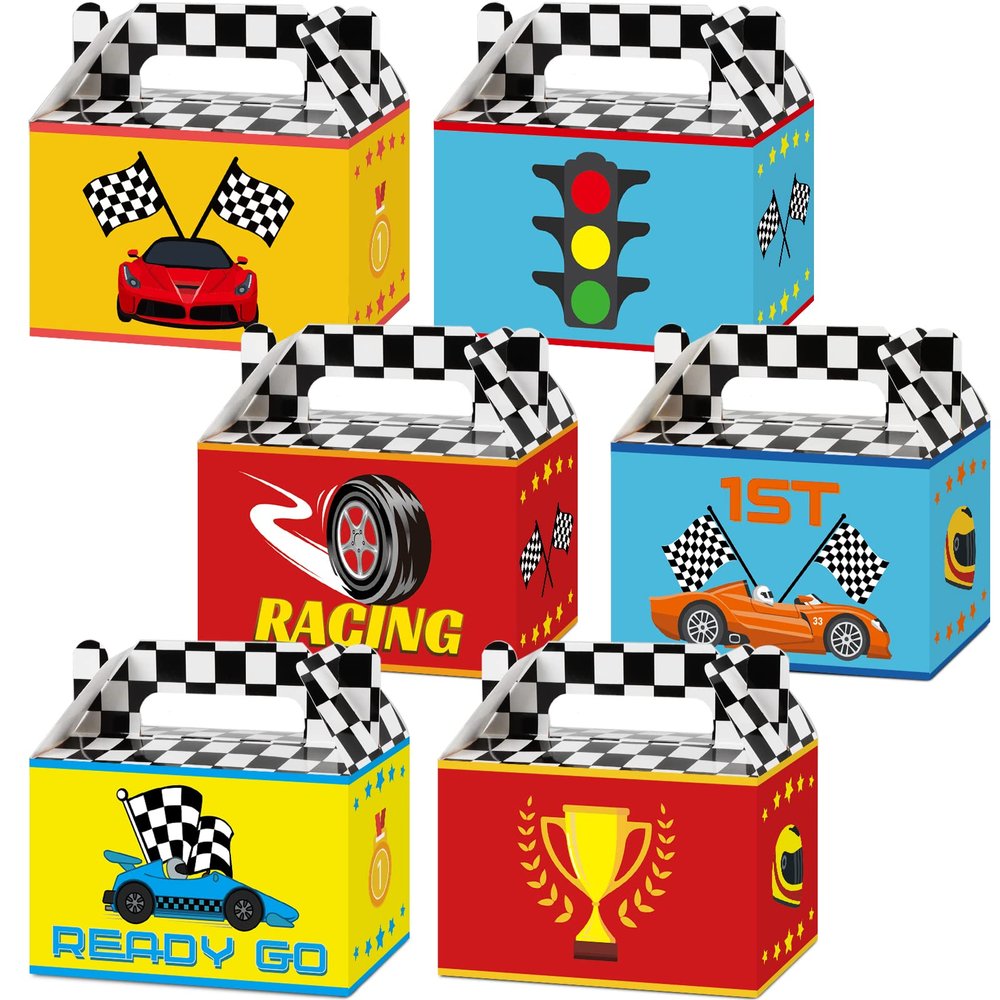 Tevxj 12 Pieces Race Car Party Favor Boxes Two Fast Goodies Candy Treat Bags Race Car Birthday Party Favors Checkered Gift Bags for Boys Kids Let's Go Racing Themed Supplies Box 6 x 3 x 3.5 Inches