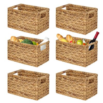 BARIEN Set of 6 Natural Water Hyacinth Woven Storage Baskets 12.6 x 8 x 7, Rectangular Wicker Basket with Built-in Handles, Medium (Natural - Set of 6)