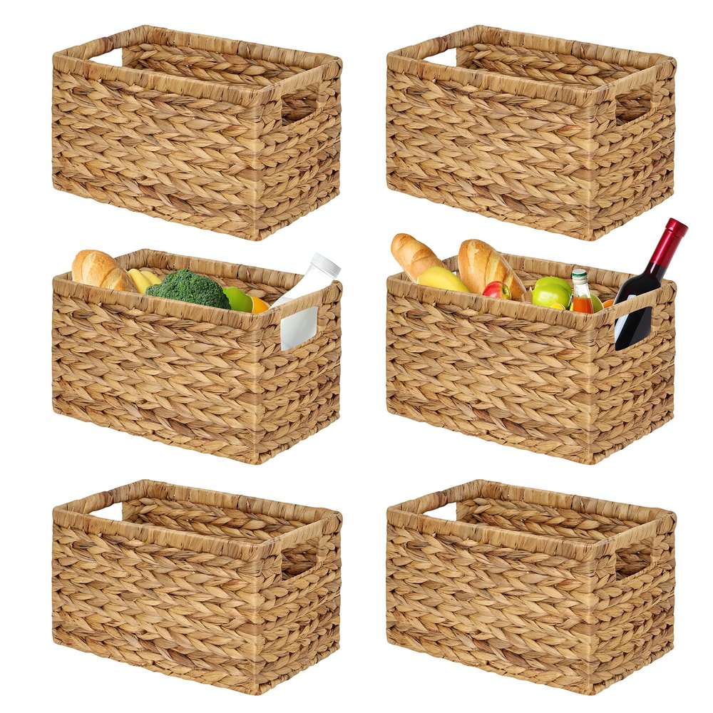 BARIEN Set of 6 Natural Water Hyacinth Woven Storage Baskets 12.6 x 8 x 7, Rectangular Wicker Basket with Built-in Handles, Medium (Natural - Set of 6)