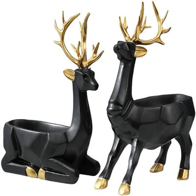 2pcs Deer Figurines Storage Box Elk Statue Candy Bowl Resin Reindeer Figurines Deer Ornament for Christmas TV Stand Bookshelf Decor - Black