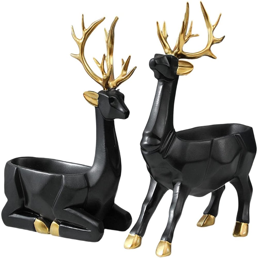 2pcs Deer Figurines Storage Box Elk Statue Candy Bowl Resin Reindeer Figurines Deer Ornament for Christmas TV Stand Bookshelf Decor - Black