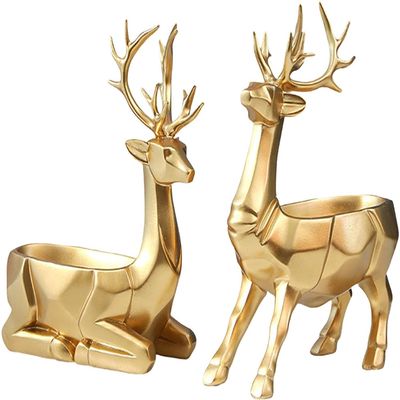 2pcs Deer Figurines Storage Box Elk Statue Candy Bowl Resin Reindeer Figurines Deer Ornament for Christmas TV Stand Bookshelf Decor - Golden