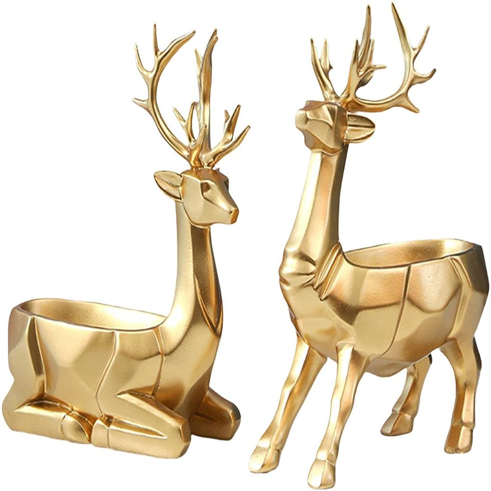 2pcs Deer Figurines Storage Box Elk Statue Candy Bowl Resin Reindeer Figurines Deer Ornament for Christmas TV Stand Bookshelf Decor - Golden