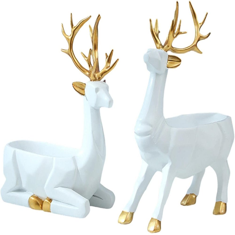 2pcs Deer Figurines Storage Box Elk Statue Candy Bowl Resin Reindeer Figurines Deer Ornament for Christmas TV Stand Bookshelf Decor - White