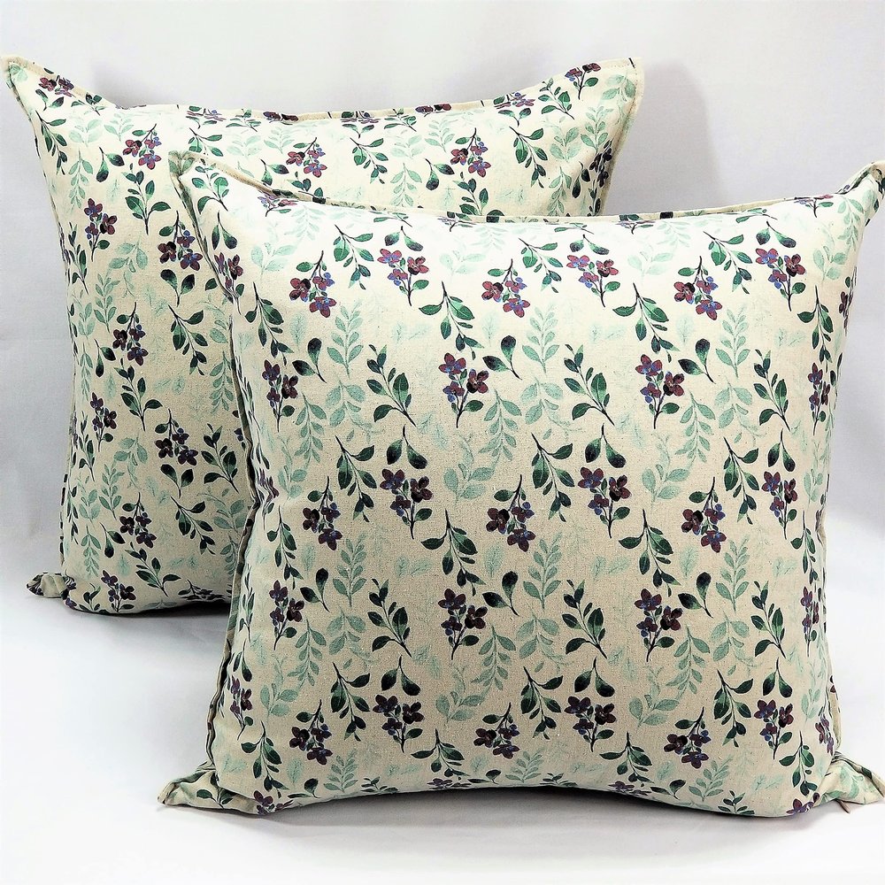 GoldenTBox Natural Linen Cotton Decorative Violet Flower Pattern Throw Square Pillow-case Handmade Cushion Covers 20X20 Inch Set of 2 for Gift Sofa Couch Bed (Natural Linen), c-1
