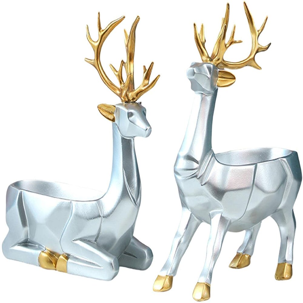 2pcs Deer Figurines Storage Box Elk Statue Candy Bowl Resin Reindeer Figurines Deer Ornament for Christmas TV Stand Bookshelf Decor - Silver