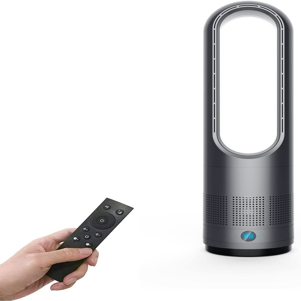 Portable Floor Standing Bladeless Tower Fan, 80 Swing Cooling Fan/Heating Fan, 8 Speeds, 8 Hours Timer, LED Display, Heater/Cooler with Remote Control for Bedroom, Living Room, Office (Grey)