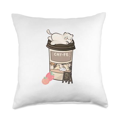 Cute Cat Cafe, Kawaii Cat Coffee, Anime Neko Kitty, Cat Puns Throw Pillow