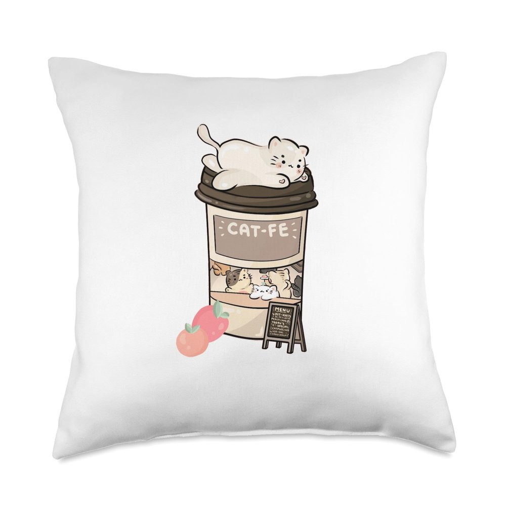 Cute Cat Cafe, Kawaii Cat Coffee, Anime Neko Kitty, Cat Puns Throw Pillow